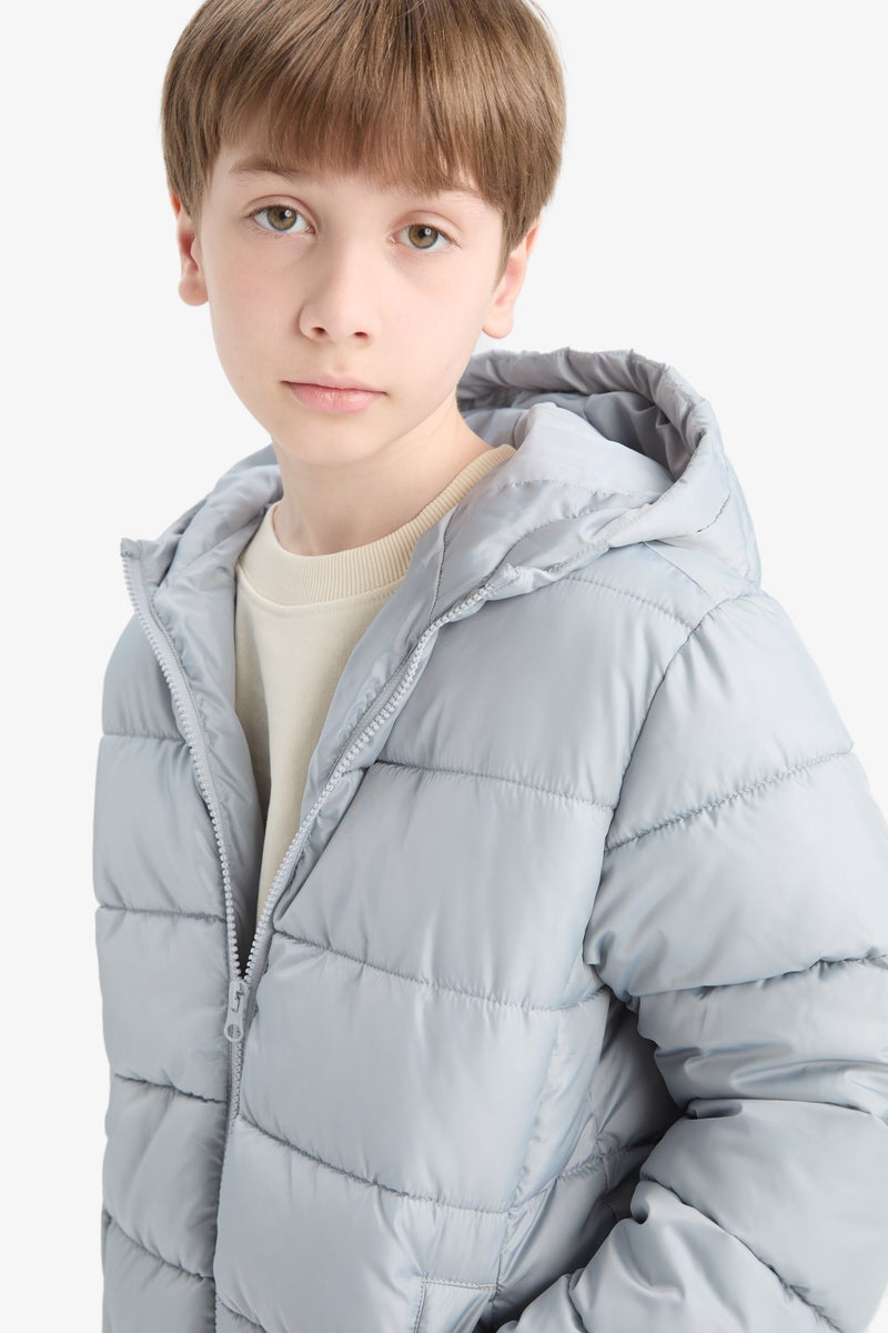 DeFacto Grey Boy Boy Waterproof Hooded Zippered Puffer Jacket Casual - Image 4